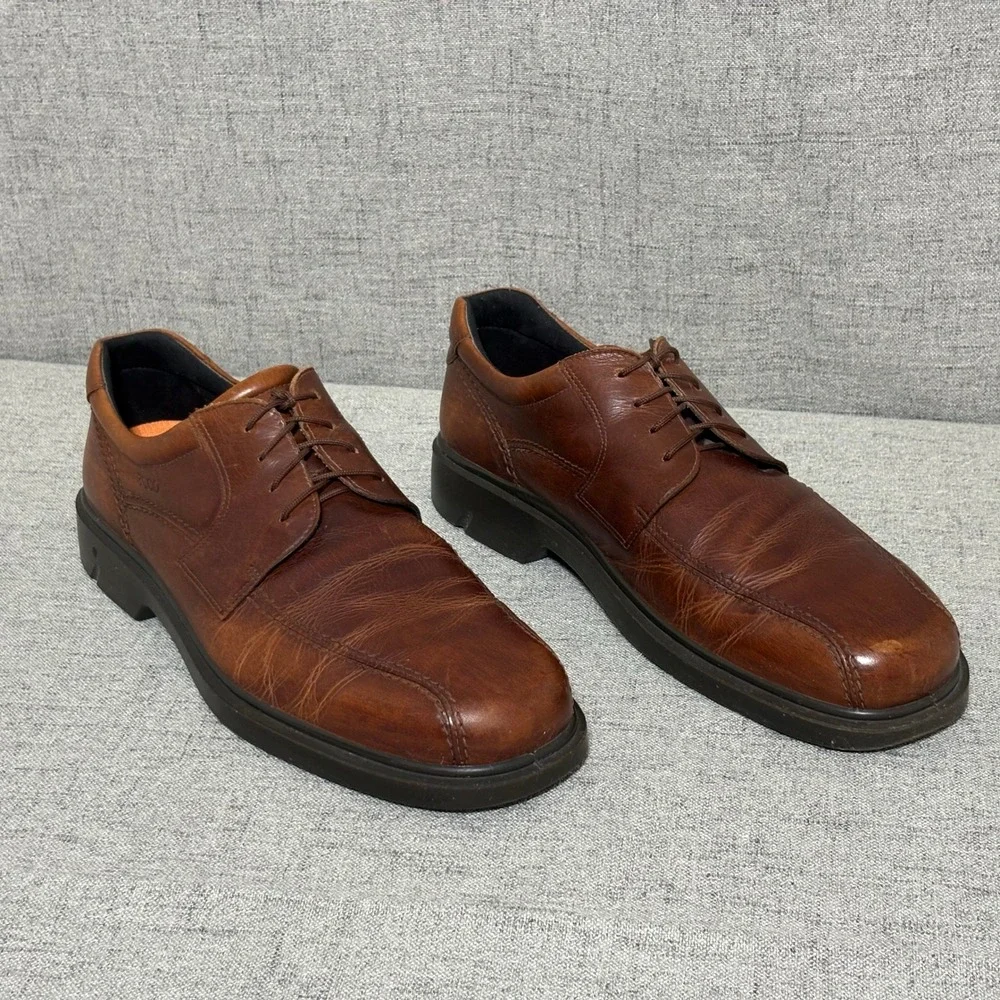 ECCO Dress Shoe Men EUR 46 US 12 Brown Leather Lace Up Comfort Shock Point